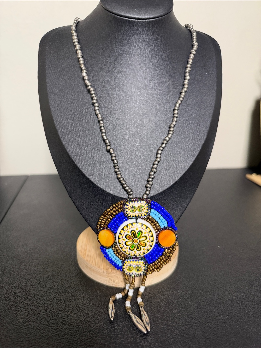 Vintage Handcrafted Beaded Floral Pendant Necklace Blue Orange Mixed Media